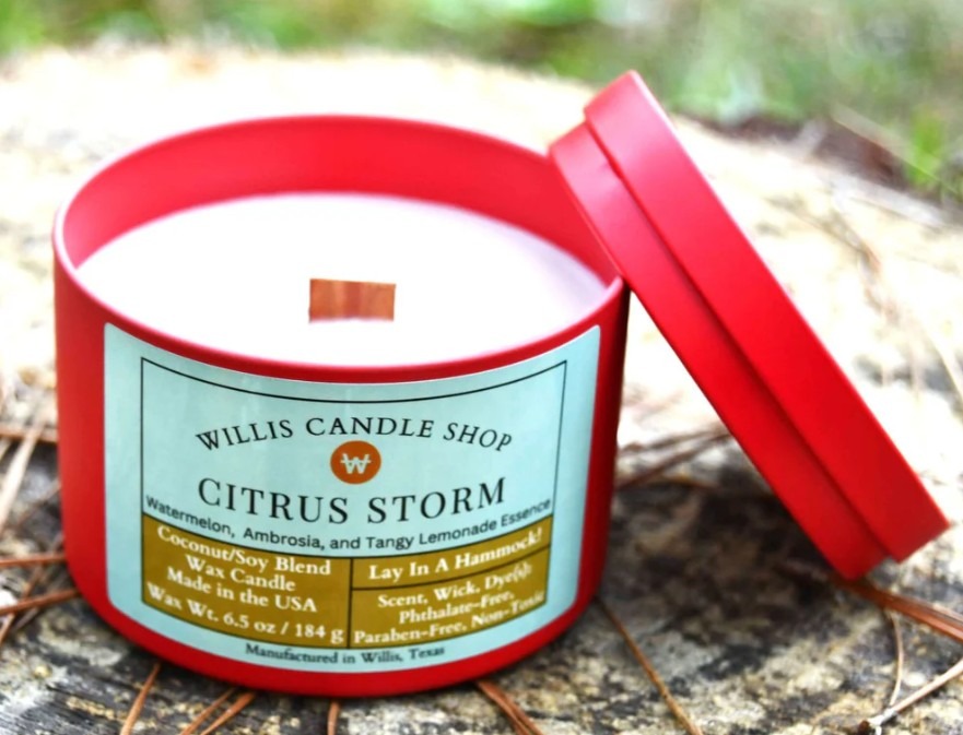 Add A Pop Of Color And Scent With The Red Tin Citrus Storm Candle